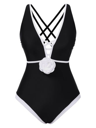 Maillot de bain une pièce noir patchwork de fleurs 3D des années 1950