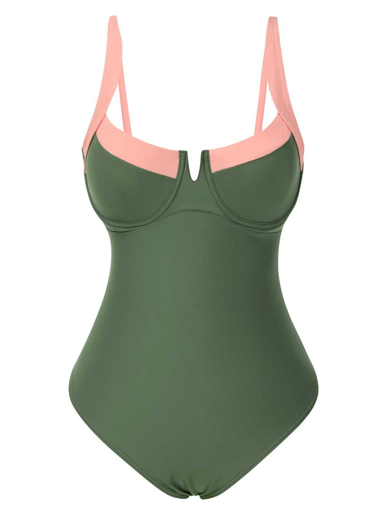 Maillot de bain une pièce à bretelles colorblock des années 1980