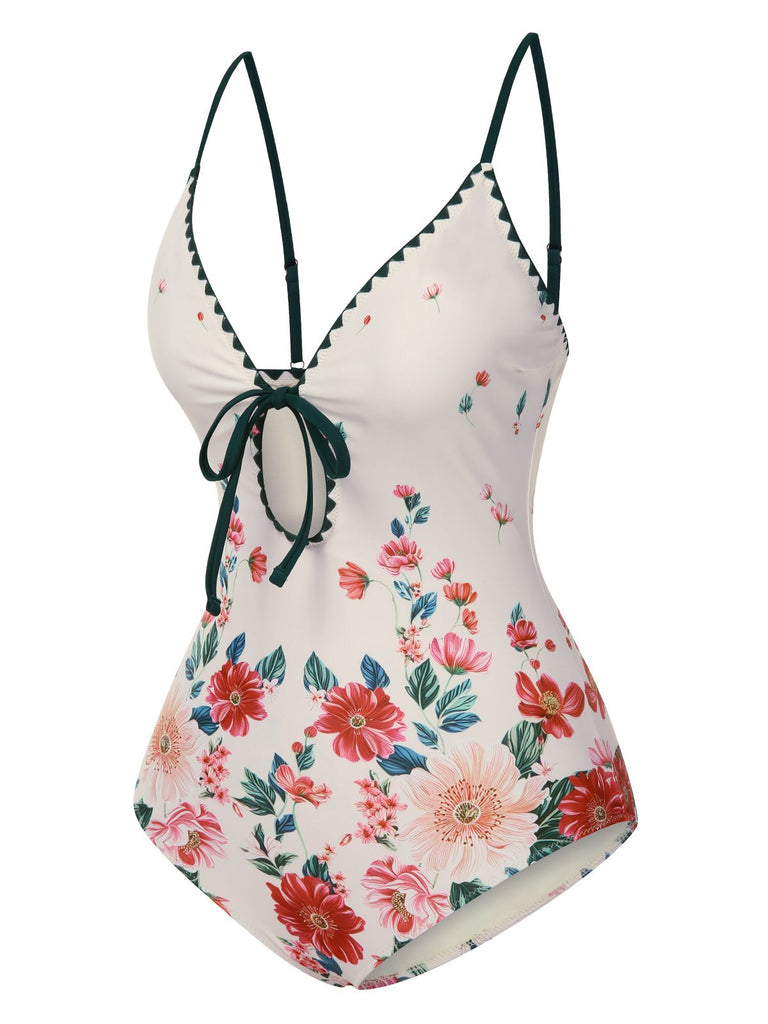 Maillot de bain une pièce fleuri à bretelles en trou de serrure années 1950