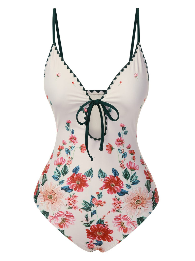 Maillot de bain une pièce fleuri à bretelles en trou de serrure années 1950