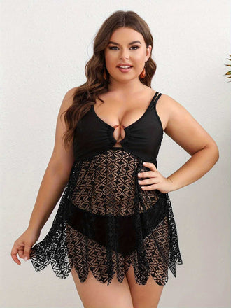 [Grande Taille] Ensemble tankini en dentelle patchwork bohème noire années 1950