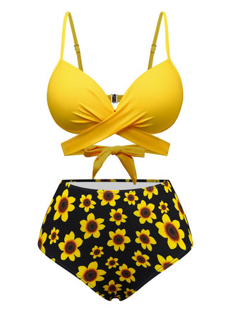 Ensemble bikini noué dans le dos jaune tournesol des années 1950