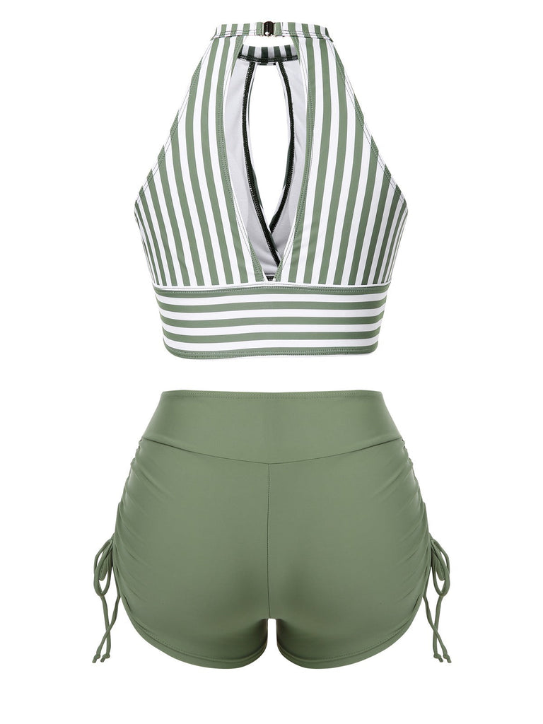 Maillot de bain à rayures creuses col rond des années 1950