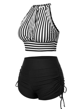 Maillot de bain à rayures creuses col rond des années 1950