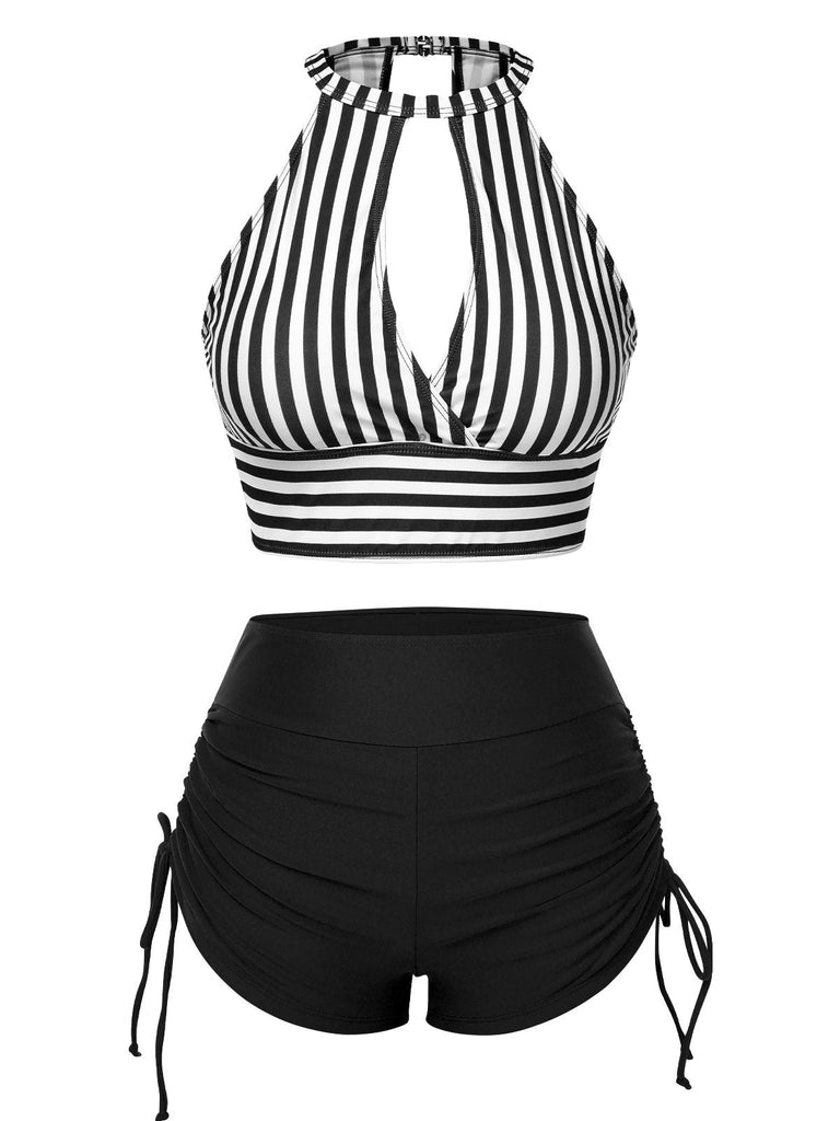 Maillot de bain à rayures creuses col rond des années 1950