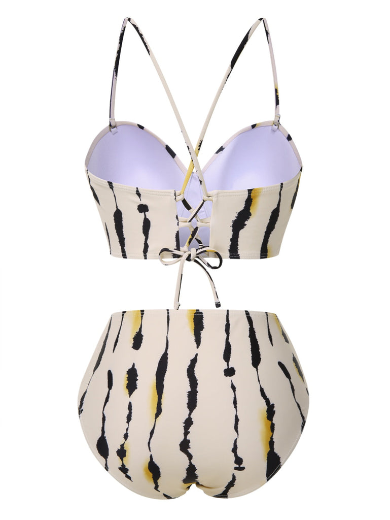 Maillot de bain beige à lacets dans le dos imprimé éclaboussures d'encre années 1950