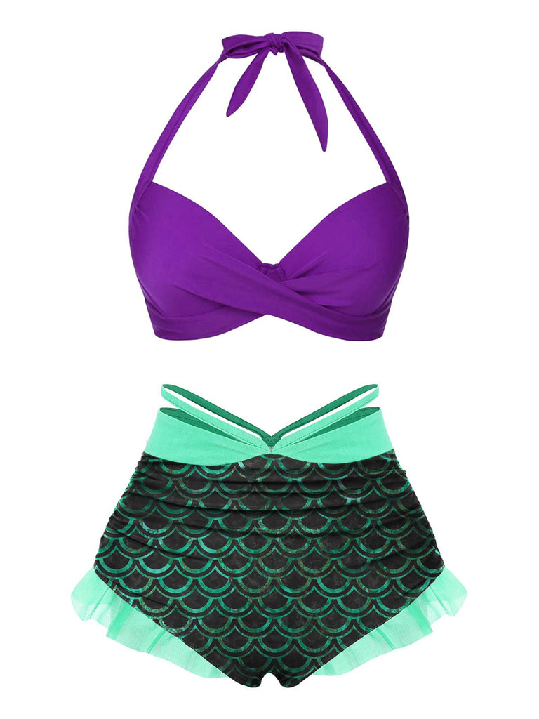 Maillot de Bain Vert Écailles de Sirène Halter des années 1970
