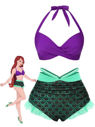 Maillot de Bain Vert Écailles de Sirène Halter des années 1970