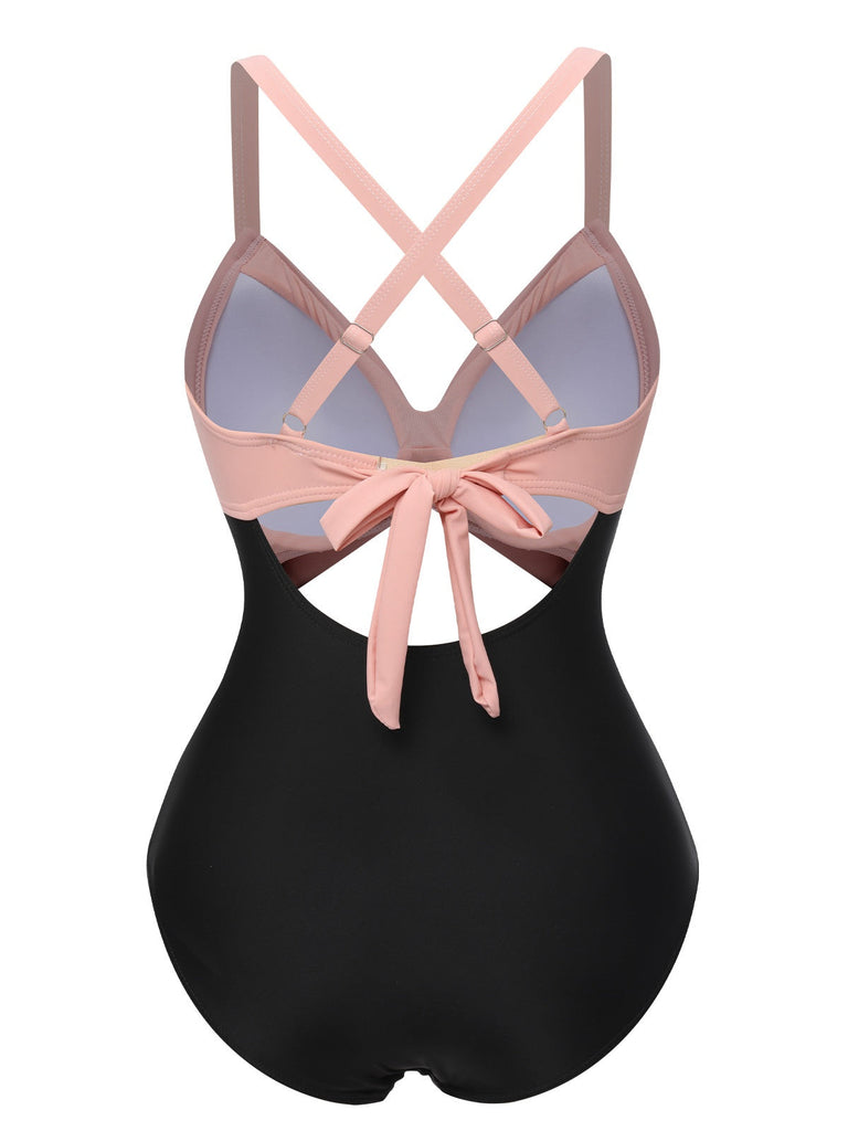 [Grande Taille] Maillot de bain patchwork taille creuse rose et noir des années 1940
