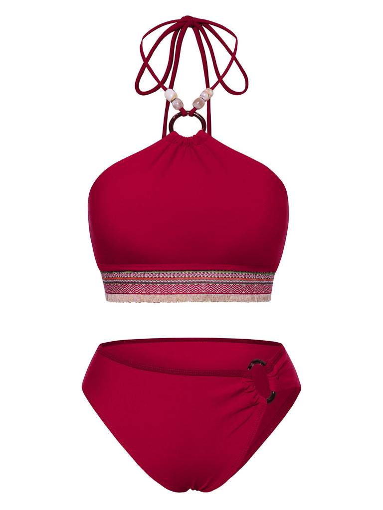 Ensemble bikini dos nu rouge style princesse avec perles des années 1970