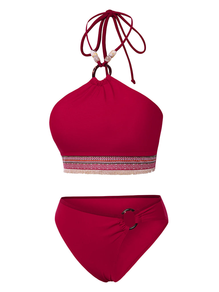 Ensemble bikini dos nu rouge style princesse avec perles des années 1970