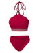 Ensemble bikini dos nu rouge style princesse avec perles des années 1970