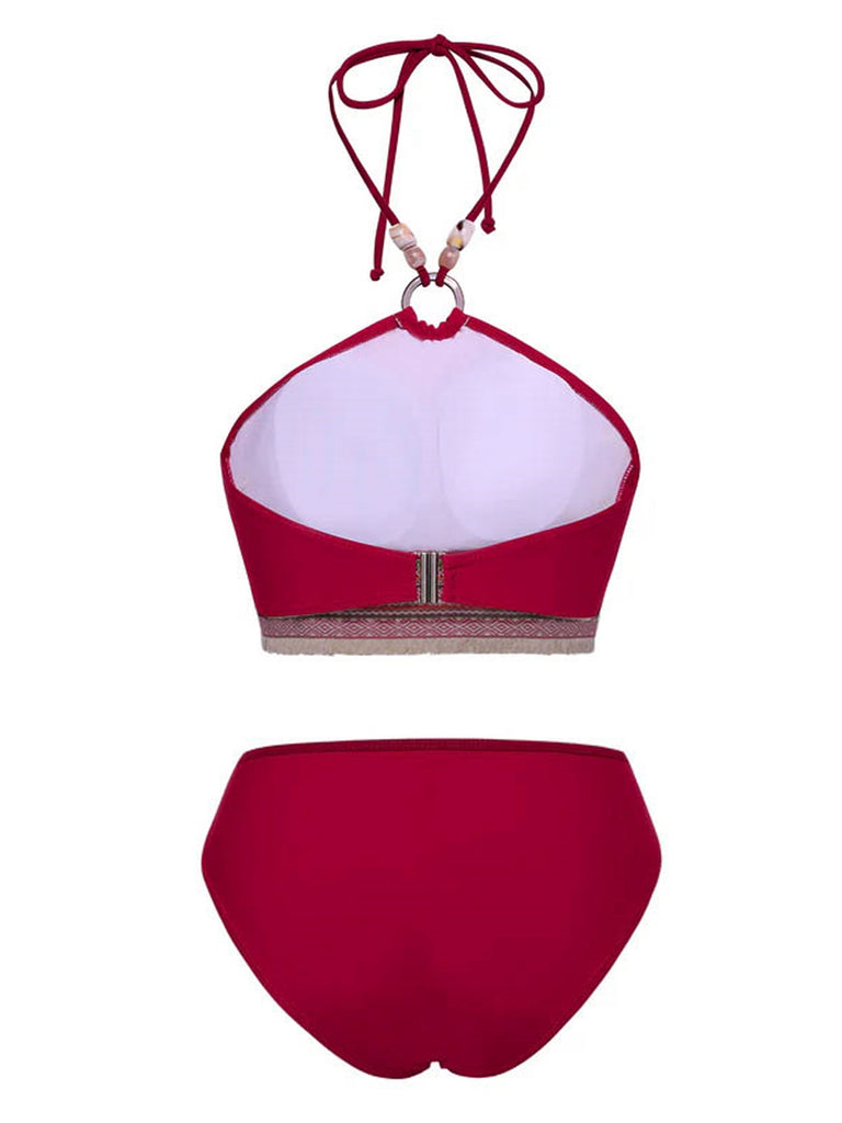 Ensemble bikini dos nu rouge style princesse avec perles des années 1970