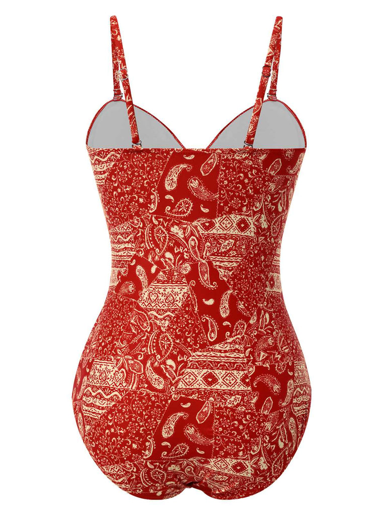 Maillot de bain rouge à bretelles creuses cachemire années 1970