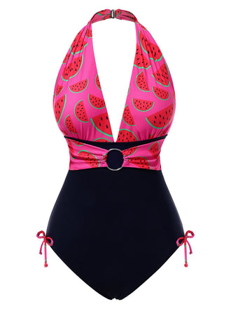 Maillot de Bain Rose Pastèque Licou col V profond années 1960
