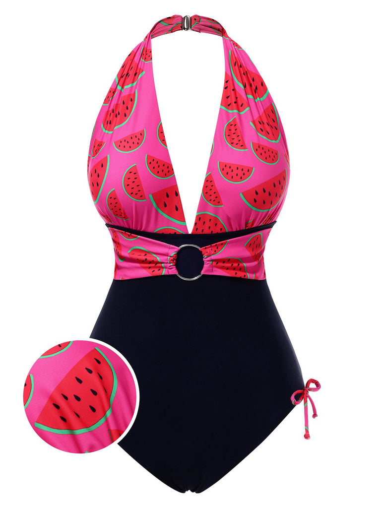 Maillot de Bain Rose Pastèque Licou col V profond années 1960