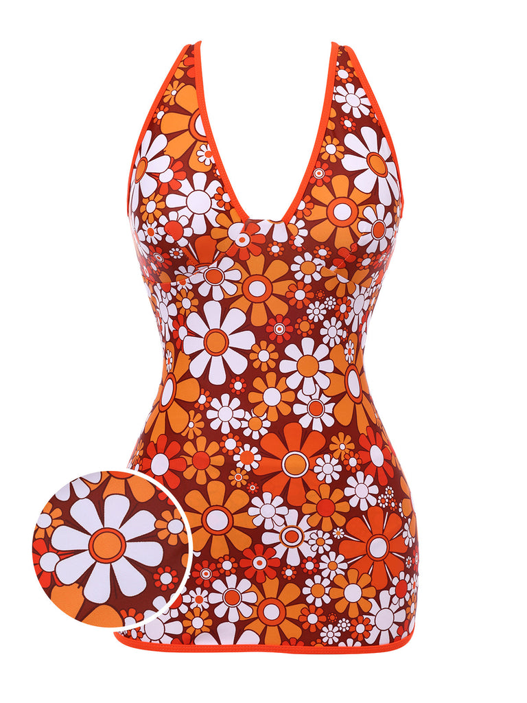 Maillot de bain une pièce marron à fleurie bohème années 1960