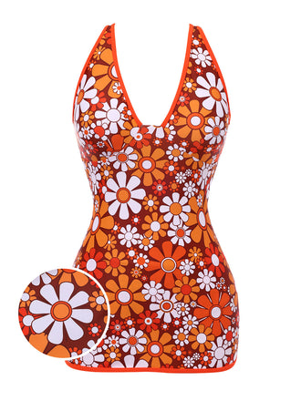 Maillot de bain une pièce marron à fleurie bohème années 1960