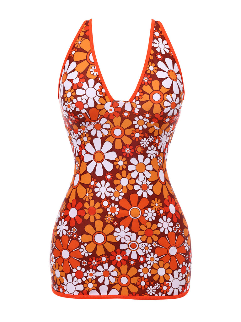Maillot de bain une pièce marron à fleurie bohème années 1960
