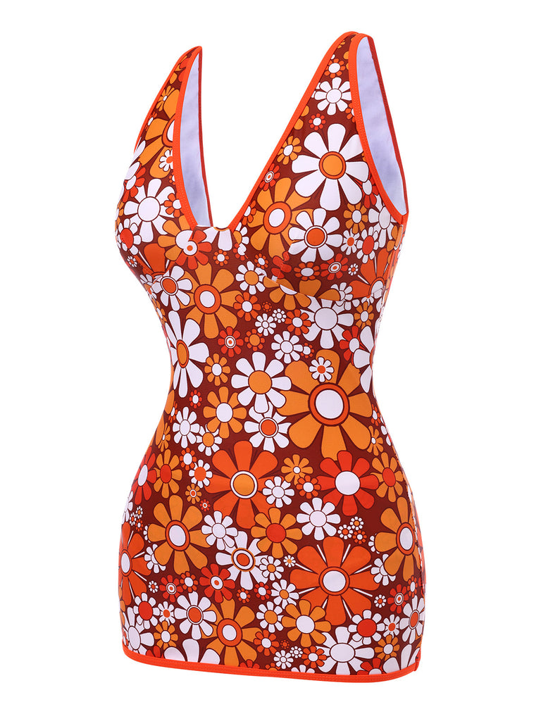 Maillot de bain une pièce marron à fleurie bohème années 1960