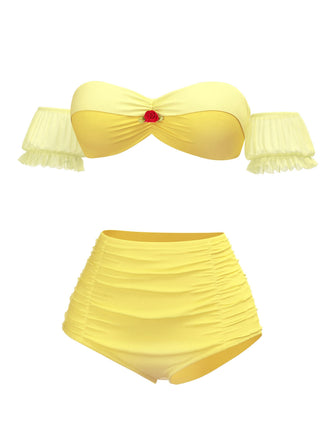 Ensemble bikini bouffant à fleurs Princesse Belle jaune années 1970