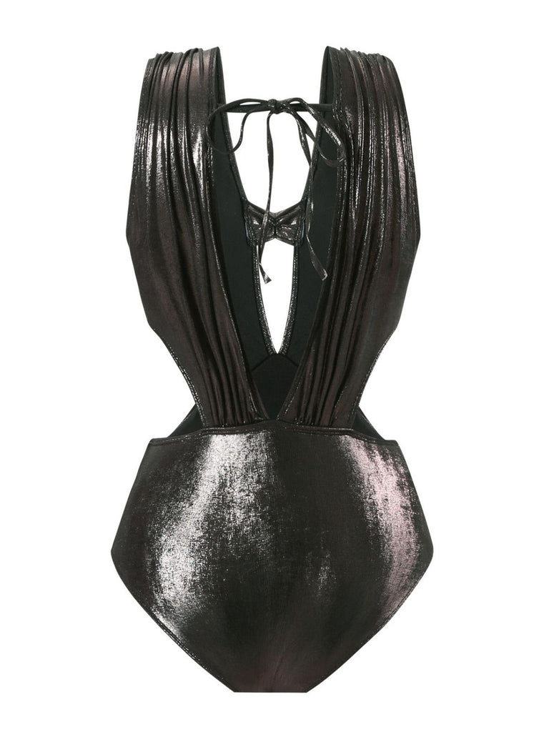 Maillot de bain une pièce noir uni brillant à appliques des années 1970