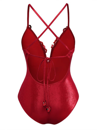 Maillot de bain rouge col V profond fleuriel 3D pailleté années 1960