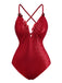Maillot de bain rouge col V profond fleuriel 3D pailleté années 1960