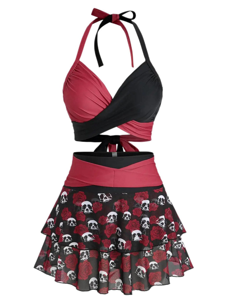 Maillot de bain jupe dos nu rose années 1980