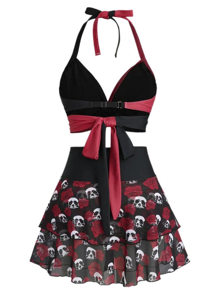 Maillot de bain jupe dos nu rose années 1980