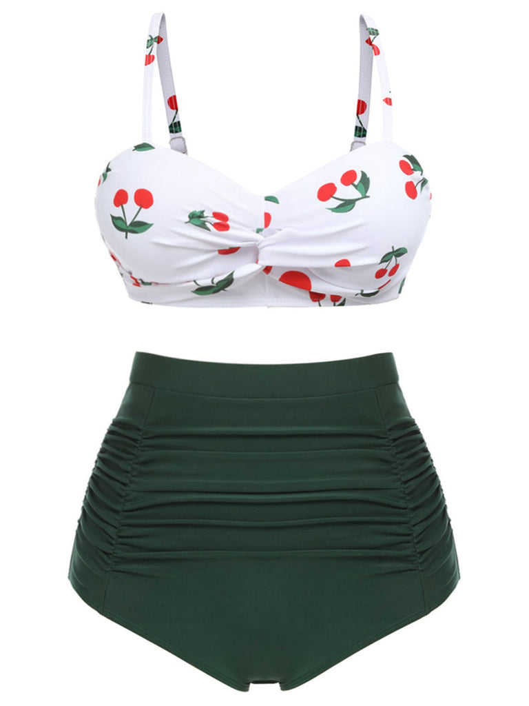[Grande taille] Ensemble de bikini taille haute à bretelles cerises 1950s