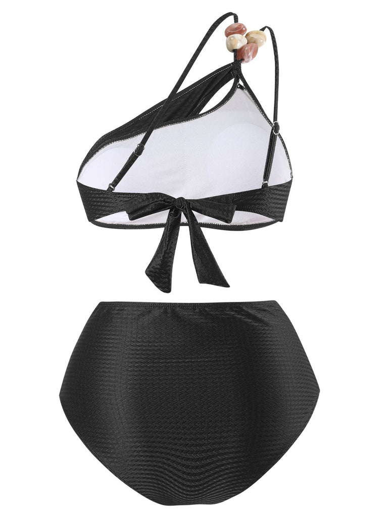 Ensemble bikini asymétrique en tissu texturé et perles des années 1950