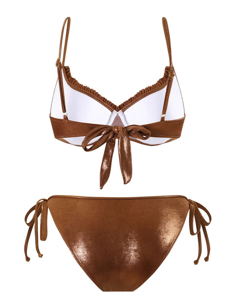 Ensemble de bikinis à volants avec strass bruns des années 1950