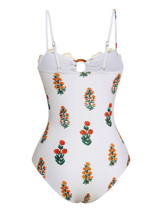 Maillot de bain une pièce blanc à bretelles fleuries 3D des années 1960
