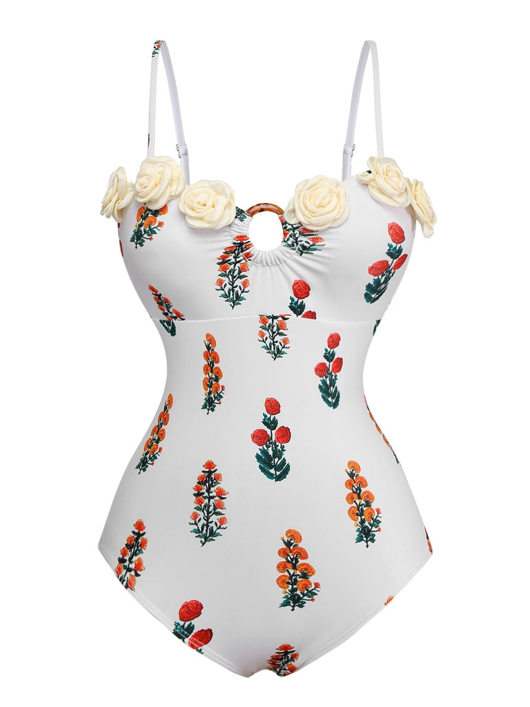 Maillot de bain une pièce blanc à bretelles fleuries 3D des années 1960