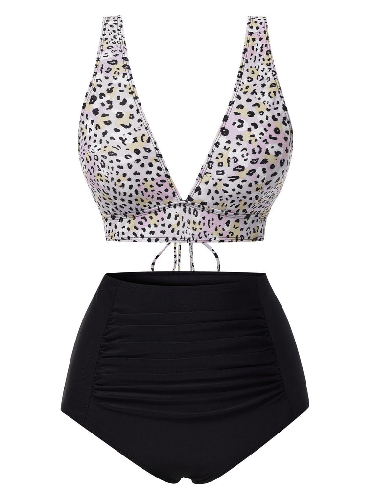 Ensemble bikini à lacets col décolleté V profond léopard patchwork années 1950