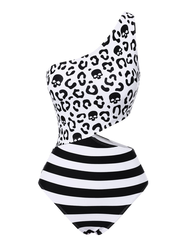 Maillot de bain noir à rayures et tête de mort une épaule ajourée années 80
