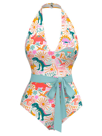 Maillot de bain dos nu multicolore imprimé dinosaures des années 1950