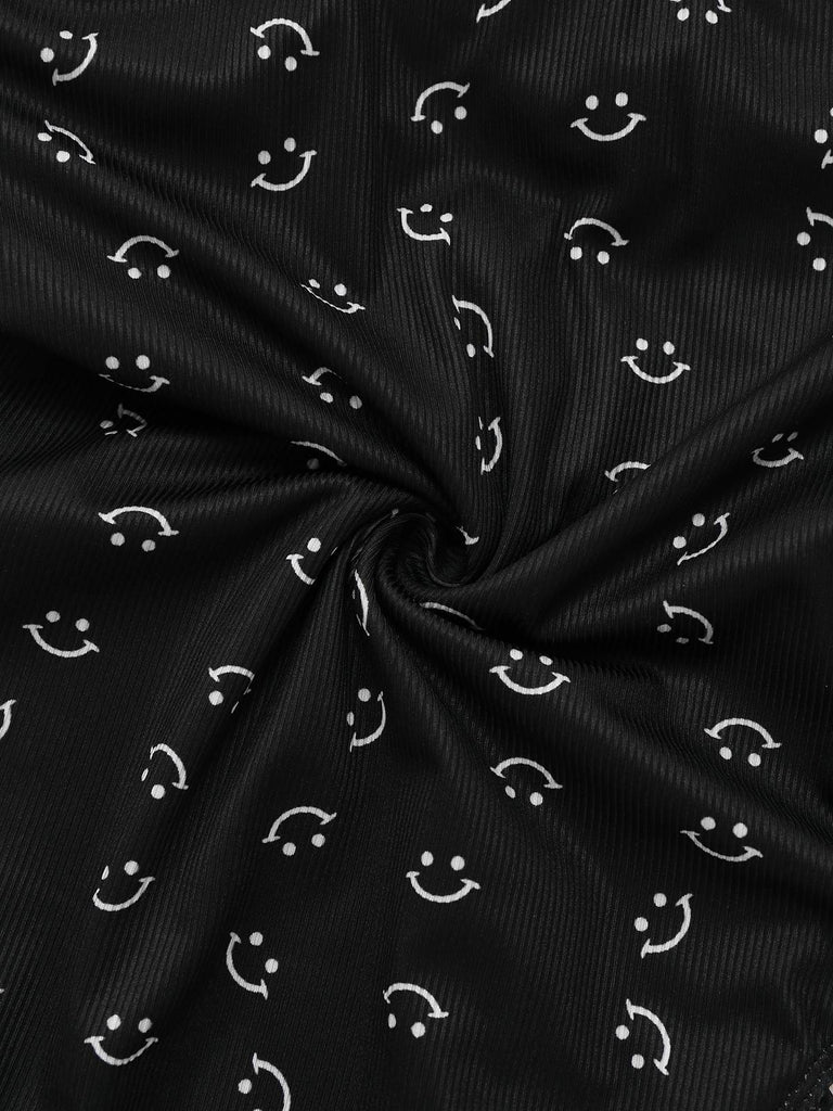 Maillot de bain une pièce noir à volants et bretelles imprimé sourire années 1930