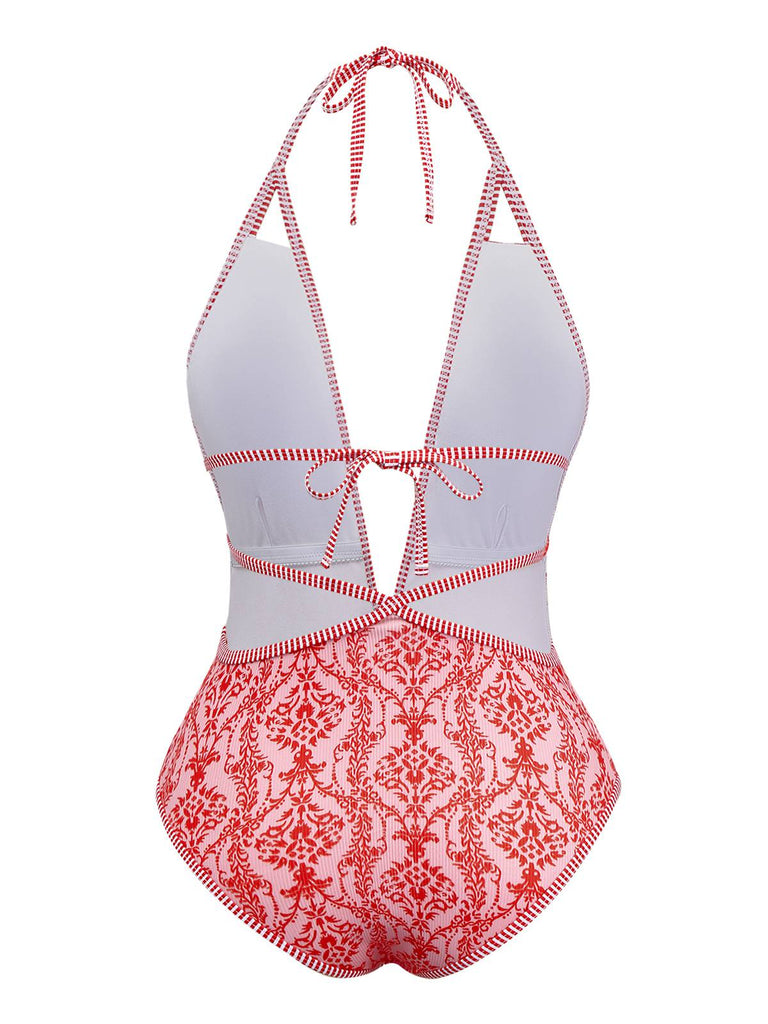 Maillot de bain rouge col V profond dos nu motifs baroques années 1970