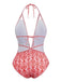 Maillot de bain rouge col V profond dos nu motifs baroques années 1970