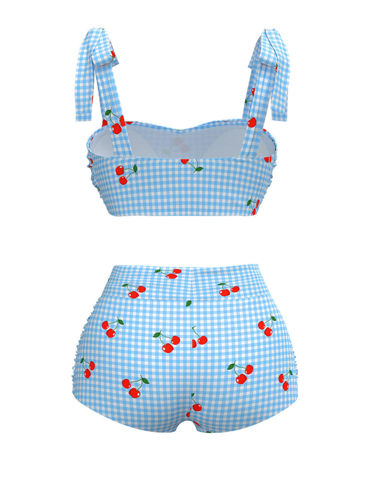 Maillot de bain bleu à lacets à carreaux et cerise des années 1950