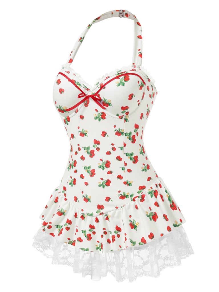 [Prévente] Maillot de bain col licou fraise en dentelle années 1950