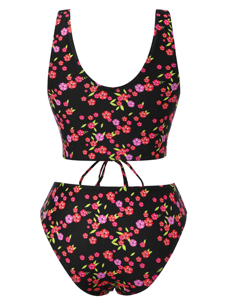 Ensemble tankini noir à lacets et petites fleurs des années 1940