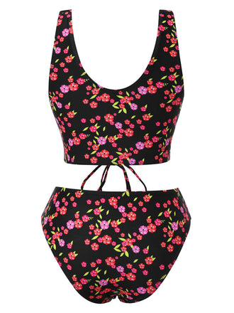 Ensemble tankini noir à lacets et petites fleurs des années 1940