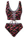 Ensemble tankini noir à lacets et petites fleurs des années 1940