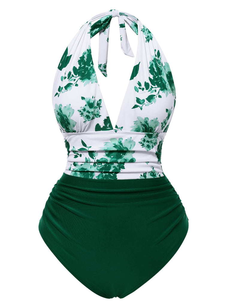 Maillot de bain dos nu col V motif silhouette de feuille des années 1940
