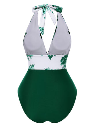 Maillot de bain dos nu col V motif silhouette de feuille des années 1940