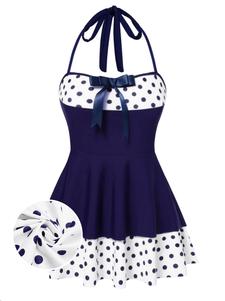 Robe de bain dos nu patchwork à pois bleus années 40