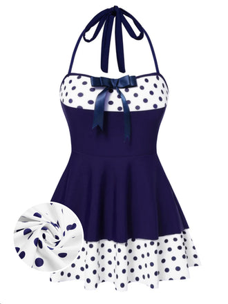Robe de bain dos nu patchwork à pois bleus années 40
